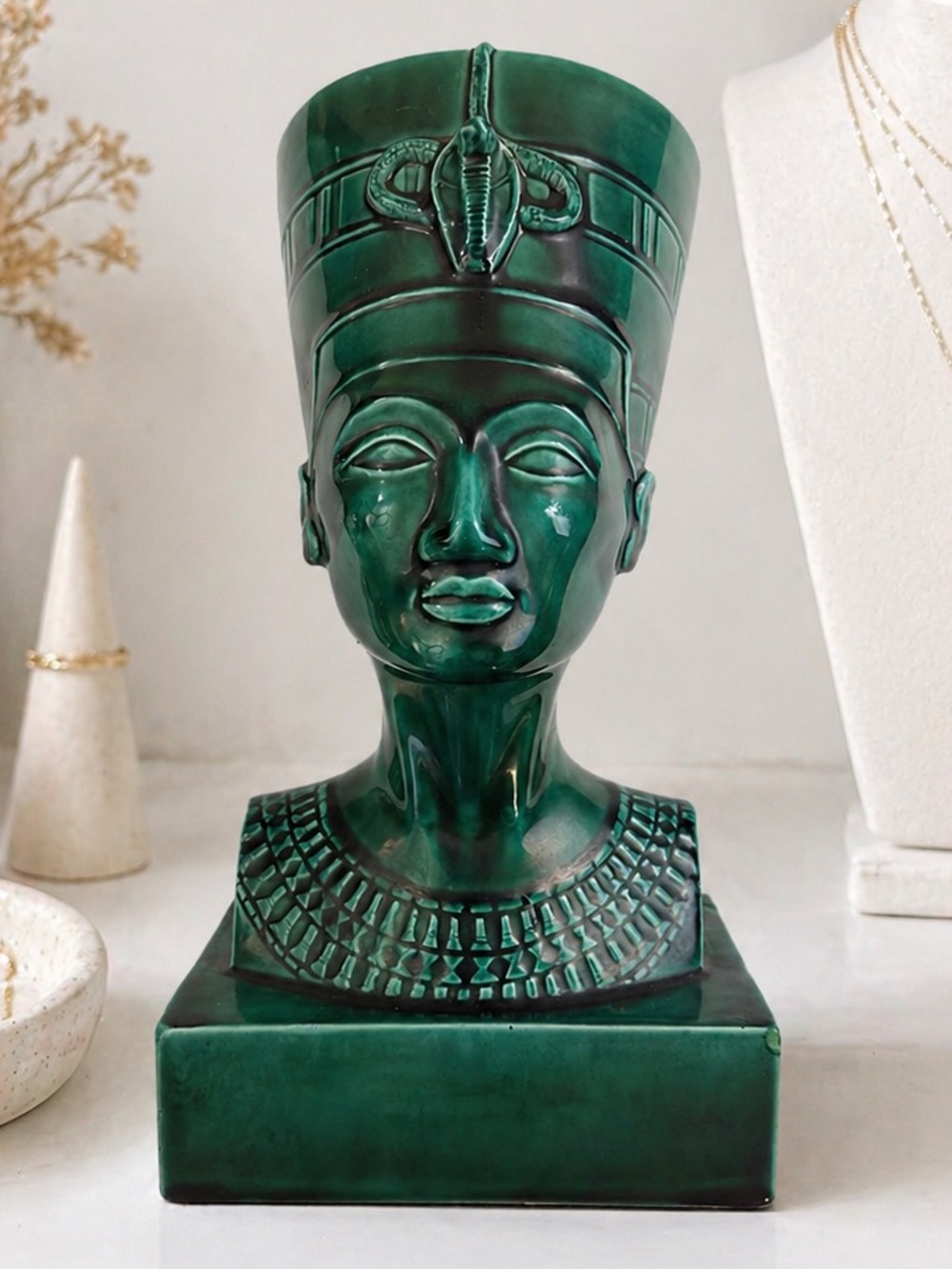 Mid Century Nefertiti Bust Emerald Ceramic Egyptian Bust
